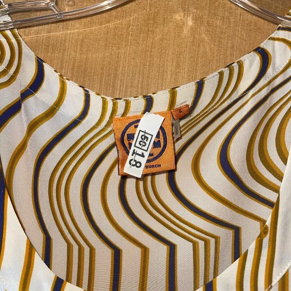 Tory Burch Womens Dress Size 4 Yellow Striped Scoop Neck Knee Length Pure Silk
